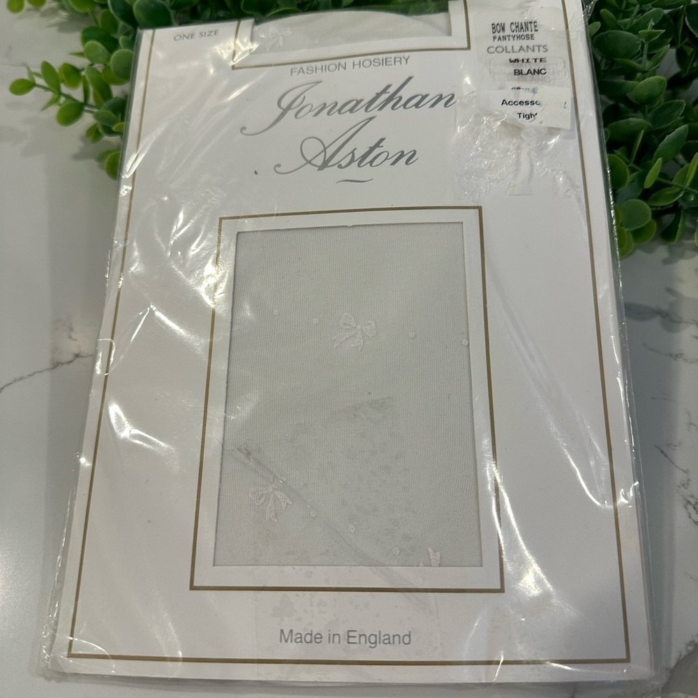 VTG Jonathan Aston designer hosiery nylons white bow  pattern ONE SIZE NIP